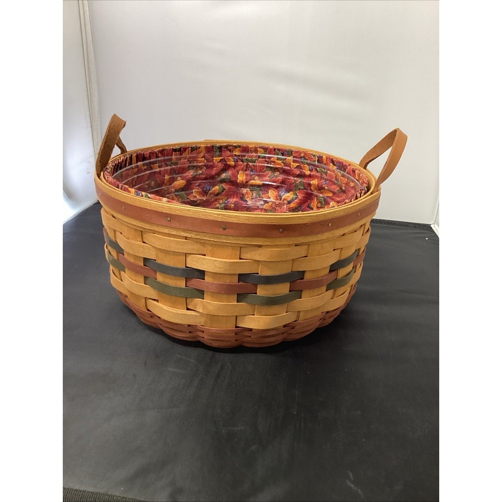 Longerberger Large Round Basket 1995 With Handles And Cloth &plastic Liners